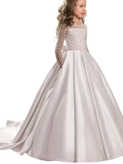 Robes cortège enfant col rond manches longues boutonné sur dos à traîne Robe de fille de fleur