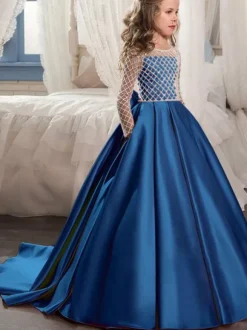Robes cortège enfant col rond manches longues boutonné sur dos à traîne Robe de fille de fleur