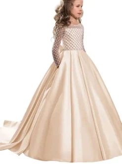 Robes cortège enfant col rond manches longues boutonné sur dos à traîne Robe de fille de fleur