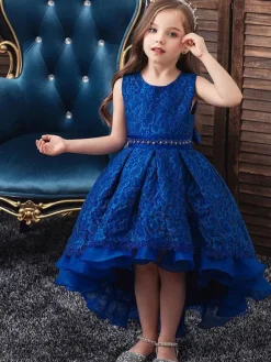 Robes cortège enfant col rond zip sur dos décoré de noeud Robe de fille de fleur