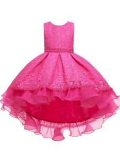 Robes cortège enfant col rond zip sur dos décoré de noeud Robe de fille de fleur