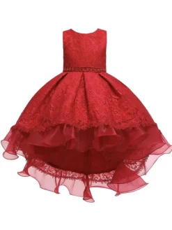 Robes cortège enfant col rond zip sur dos décoré de noeud Robe de fille de fleur