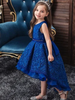 Robes cortège enfant col rond zip sur dos décoré de noeud Robe de fille de fleur