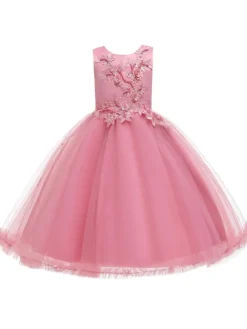 Robes cortège enfant en mousseline col rond en dentelle décorée des fleurs jupe volant Robe de fille de fleur