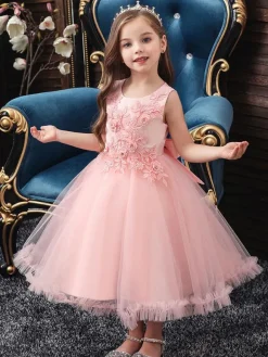 Robes cortège enfant en mousseline col rond en dentelle décorée des fleurs jupe volant Robe de fille de fleur