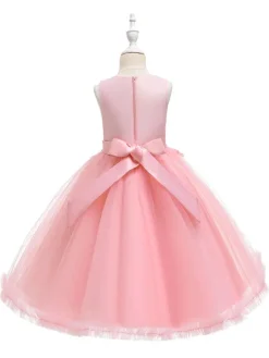 Robes cortège enfant en mousseline col rond en dentelle décorée des fleurs jupe volant Robe de fille de fleur