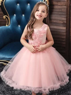 Robes cortège enfant en mousseline col rond en dentelle décorée des fleurs jupe volant Robe de fille de fleur