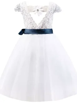 Robes cortège enfant ivoire col rond manches courtes Robe de fille de fleur robe cérémonie