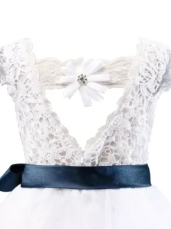 Robes cortège enfant ivoire col rond manches courtes Robe de fille de fleur robe cérémonie