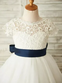 Robes cortège enfant ivoire col rond manches courtes Robe de fille de fleur robe cérémonie