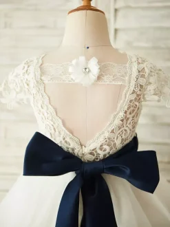 Robes cortège enfant ivoire col rond manches courtes Robe de fille de fleur robe cérémonie