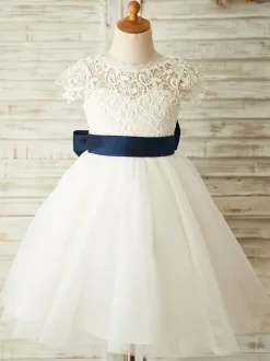 Robes cortège enfant ivoire col rond manches courtes Robe de fille de fleur robe cérémonie