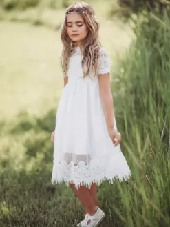 Robes cortège enfant ivoire en tulle col rond en dentelle longueur au dessus de genou robe fille de fleur