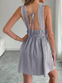 Robes courtes sans manches dos nu à rayures et décolleté en V robes d'été bleues sexy pour une soirée en amoureux