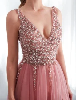 Robes de bal en tulle cameo rose col V pailletes jupe fendue laçage sur dos longueur au sol