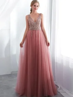 Robes de bal en tulle cameo rose col V pailletes jupe fendue laçage sur dos longueur au sol