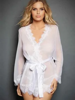 Robes de Chambre Sexy Sous-vêtements en Dentelles Cousu Mousselines avec Manches Longues Volants Coupe Cintrée avec Ceinture Unicolore 2026