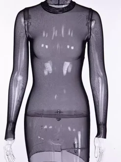 Robes de Clubs Sexy Transparentes Courtes Moulantes en Mousselines à Col Rond avec Manches Longues Unicolore