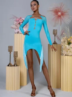 Robes de danse latine bleu ciel clair ensemble asymétrique à volants pour femmes robe élégante en Polyester vêtements de danse