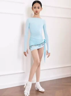 Robes de danse latine bleu ciel clair pour femmes filles et adultes ensemble gainant à manches longues et dentelle. Costumes de danse.