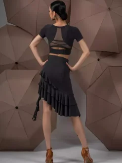 Robes de danse latine noires pour femmes ensemble asymétrique à volants costumes de danse sexy