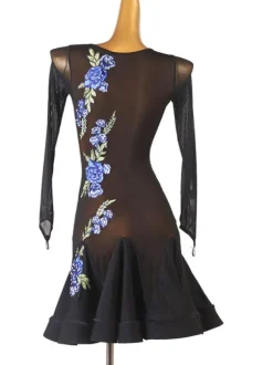 Robes de danse latine Robe en polyester pour femmes noires Imprimé floral Strass sexy Danseuse latine Vêtements de danse