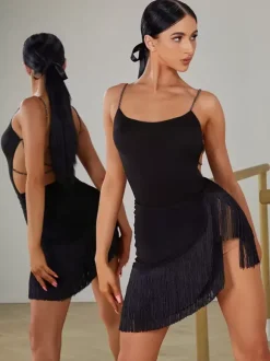Robes de danse latine robe noire pour femmes jupe en Polyester Sexy Costume de danse