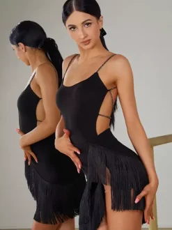 Robes de danse latine robe noire pour femmes jupe en Polyester Sexy Costume de danse