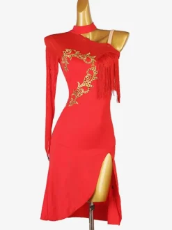 Robes De Danse Latine Rouge Femmes Robe Fendue Frange Costume De Danse