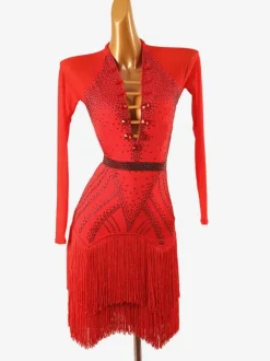 Robes De Danse Latine Rouge Robe Élégante En Lycra Spandex Femmes Manches Longues