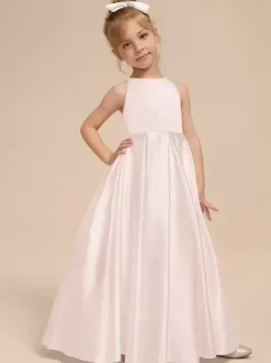 Robes de demoiselle d'honneur blanches en tissu satiné ivoire sans manches à col en V