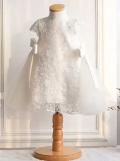 Robes de demoiselle d'honneur blanches en tulle ivoire à manches courtes et col bijou
