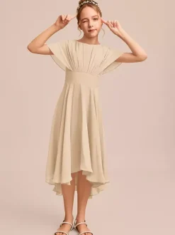 Robes de demoiselle d'honneur blanches Robes pour occasions spéciales Robes de demoiselle d'honneur en mousseline bleue à manches courtes et col bijou