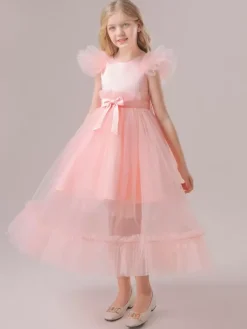 Robes de demoiselle d'honneur blanches robes d'occasion spéciale en polyester rose manches courtes col bijou robes de demoiselle d'honneur