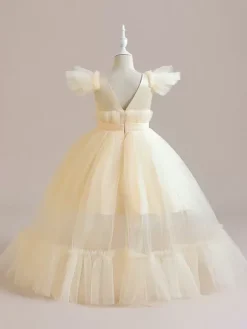 Robes de demoiselle d'honneur blanches robes d'occasion spéciale en polyester rose manches courtes col bijou robes de demoiselle d'honneur