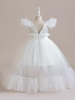 Robes de demoiselle d'honneur blanches robes d'occasion spéciale en polyester rose manches courtes col bijou robes de demoiselle d'honneur