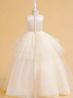 Robes de demoiselle d'honneur blanches robes d'occasion spéciale en Tulle Champagne sans manches col bijou robes de demoiselle d'honneur