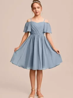 Robes de demoiselle d'honneur blanches Robes pour occasions spéciales Robes de demoiselle d'honneur en mousseline bleue à manches courtes et col bateau