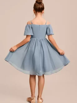 Robes de demoiselle d'honneur blanches Robes pour occasions spéciales Robes de demoiselle d'honneur en mousseline bleue à manches courtes et col bateau