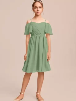 Robes de demoiselle d'honneur blanches Robes pour occasions spéciales Robes de demoiselle d'honneur en mousseline bleue à manches courtes et col bateau