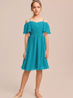 Robes de demoiselle d'honneur blanches Robes pour occasions spéciales Robes de demoiselle d'honneur en mousseline bleue à manches courtes et col bateau