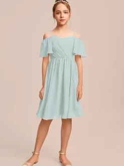 Robes de demoiselle d'honneur blanches Robes pour occasions spéciales Robes de demoiselle d'honneur en mousseline bleue à manches courtes et col bateau