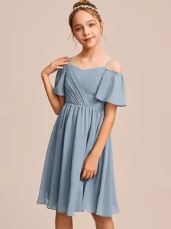 Robes de demoiselle d'honneur blanches Robes pour occasions spéciales Robes de demoiselle d'honneur en mousseline bleue à manches courtes et col bateau