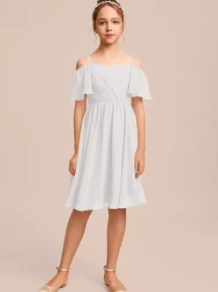 Robes de demoiselle d'honneur blanches Robes pour occasions spéciales Robes de demoiselle d'honneur en mousseline bleue à manches courtes et col bateau