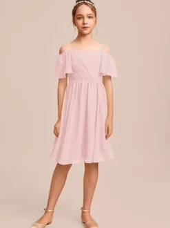 Robes de demoiselle d'honneur blanches Robes pour occasions spéciales Robes de demoiselle d'honneur en mousseline bleue à manches courtes et col bateau