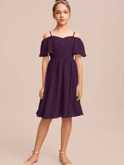 Robes de demoiselle d'honneur blanches Robes pour occasions spéciales Robes de demoiselle d'honneur en mousseline bleue à manches courtes et col bateau