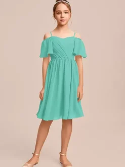 Robes de demoiselle d'honneur blanches Robes pour occasions spéciales Robes de demoiselle d'honneur en mousseline bleue à manches courtes et col bateau