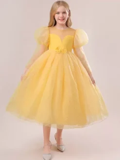 Robes de demoiselle d'honneur blanches robes d'occasion spéciale dentelle jaune manches longues col bijou robes de demoiselle d'honneur