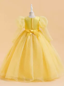 Robes de demoiselle d'honneur blanches robes d'occasion spéciale dentelle jaune manches longues col bijou robes de demoiselle d'honneur