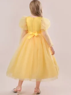 Robes de demoiselle d'honneur blanches robes d'occasion spéciale dentelle jaune manches longues col bijou robes de demoiselle d'honneur